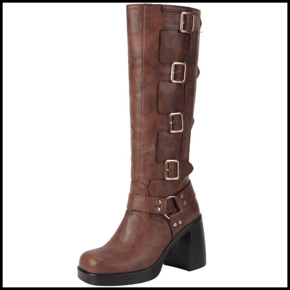 Knee High Buckle Boots Square Toe Chunky Heel Pull On Gothic Riding Winter